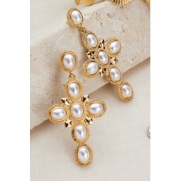 Faux-Pearl Cross Earrings, , large