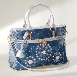 Embellished Denim Satchel, , large