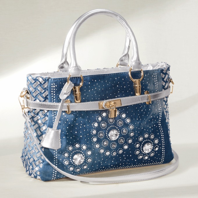 Embellished Denim Satchel, , large