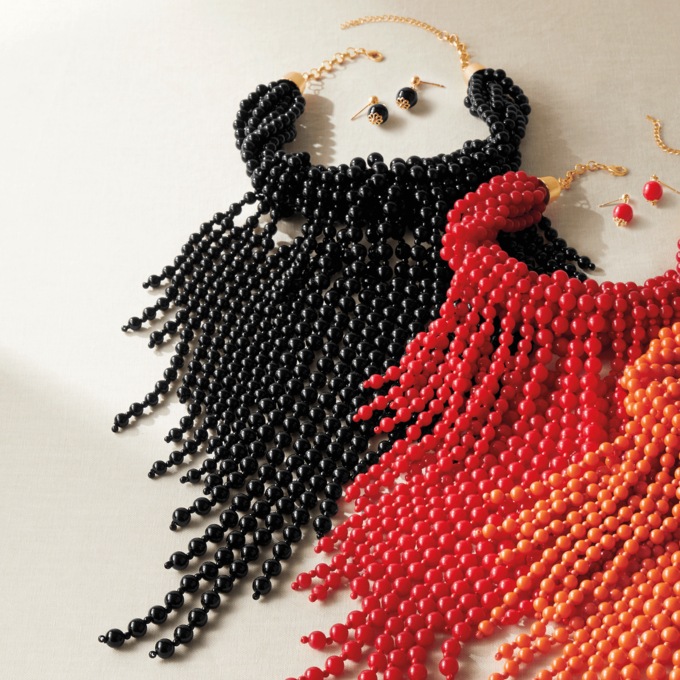 Multi-Strand Beaded Necklace & Earring Set, Black, large