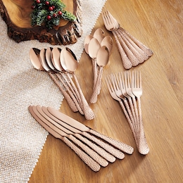 20-Piece Hammered Copper-Look Stainless Steel Flatware Set, , large