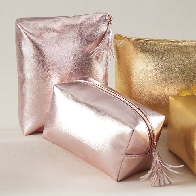 Set of 2 Metallic Faux Leather Makeup Bags for Travel, Pink, large