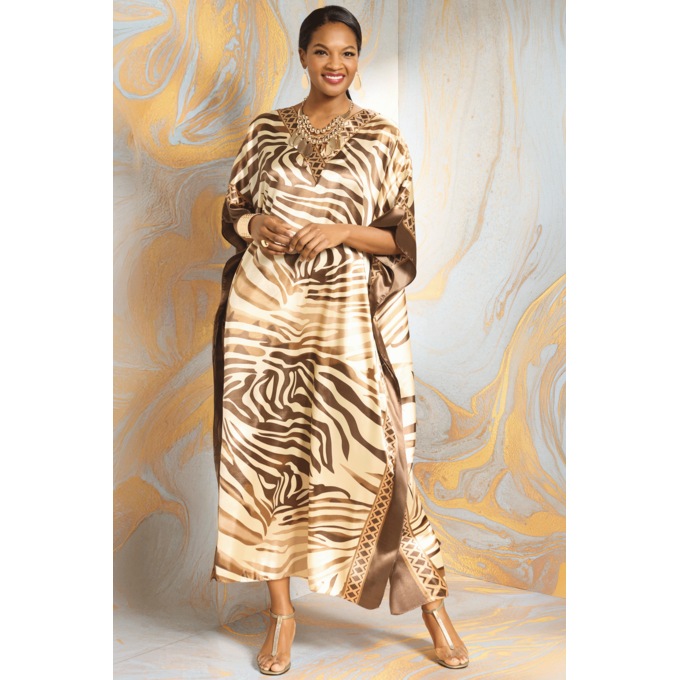 Kenya Women's Long, Vibrant-Print Caftan in Flowing Satin, Brown Multi, large