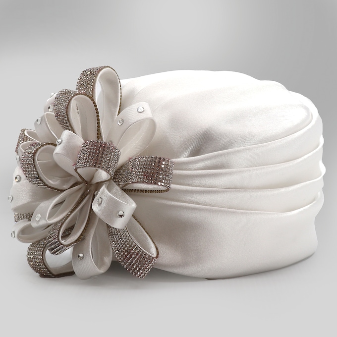 Embellished Satin Flower Turban, , large