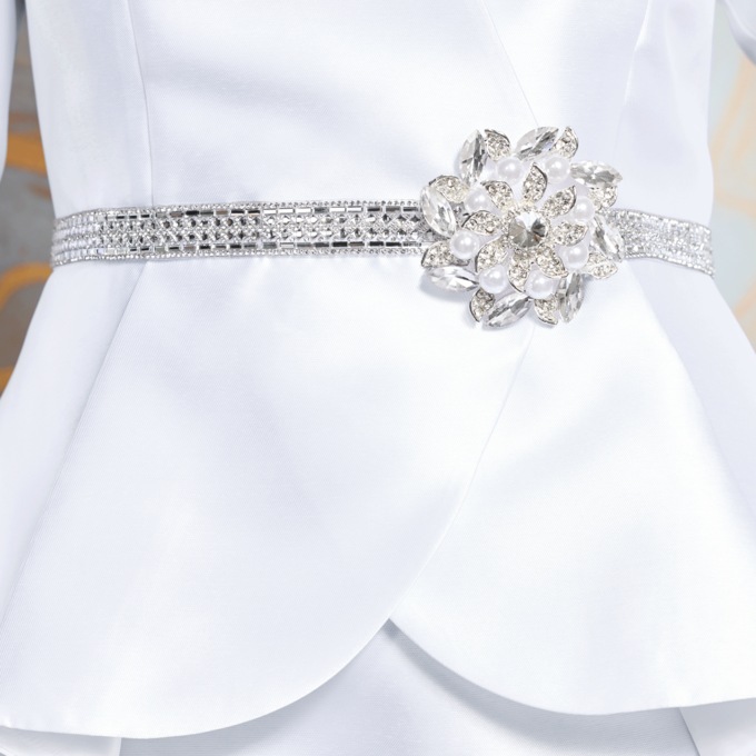 Petal-Trimmed Jacket Dress with Rosette Pin, Rhinestones and Faux Pearls, , large