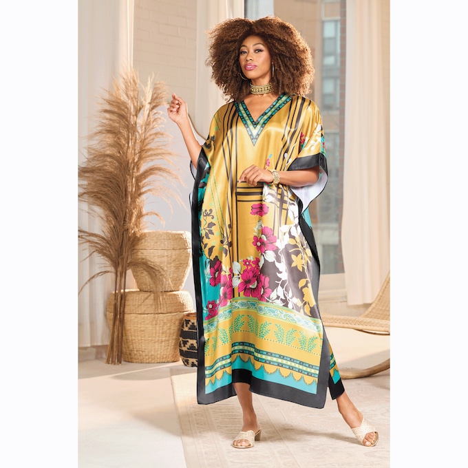 Jira Women's Long Caftan with Exotic Floral Print, , large