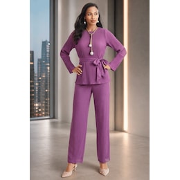 Faelyn Pleated Pant Outfit for Women with Flowy Long-Sleeve Top and Belt, , large