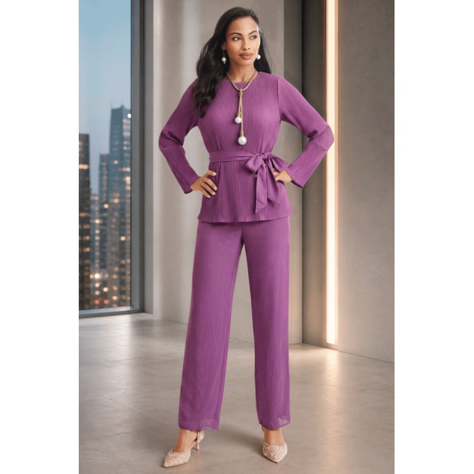 Faelyn Pleated Pant Outfit for Women with Flowy Long-Sleeve Top and Belt, , large
