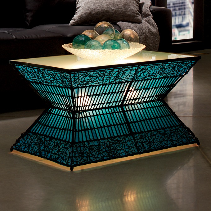 Zain Lighted Rattan Coffee Table, Teal, large