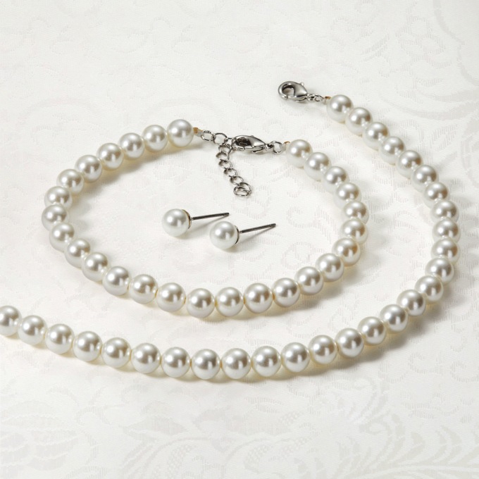 Faux Pearl Necklace, Bracelet and Earrings, , large