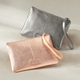 Zippered Metallic Faux Leather Wristlet, , large