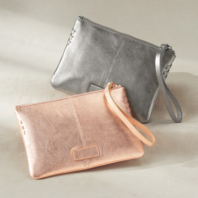 Zippered Metallic Faux Leather Wristlet, , large