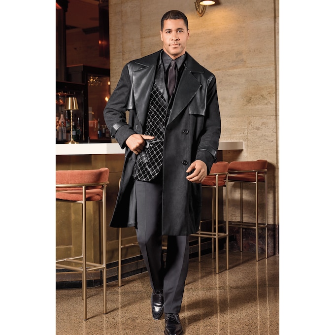 Sylvester Men&rsquo;s Faux Suede Trench Coat with Faux Leather Trim, , large