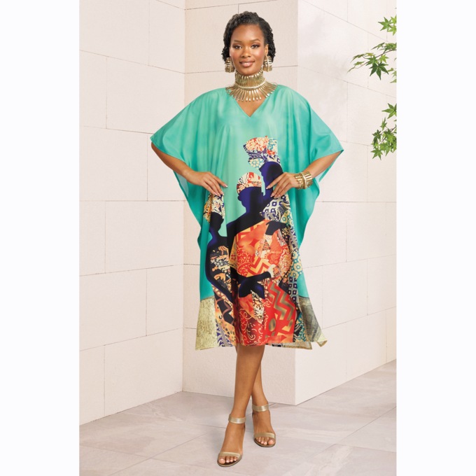 Aminata Short Afrocentric Caftan with African Family Graphic and V-Neck, , large
