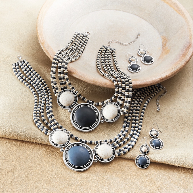 Round Faux-Stone Beaded Necklace & Earring Set, , large