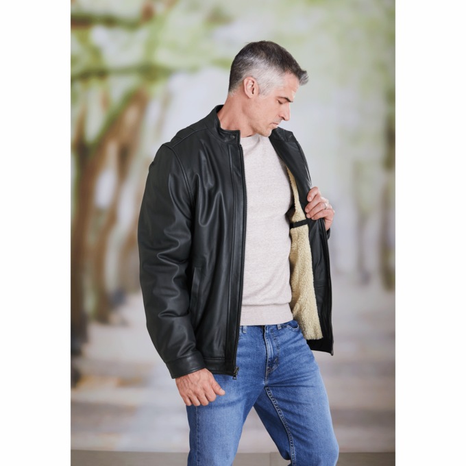 Sherpa-Lined Leather Coat, Black, large