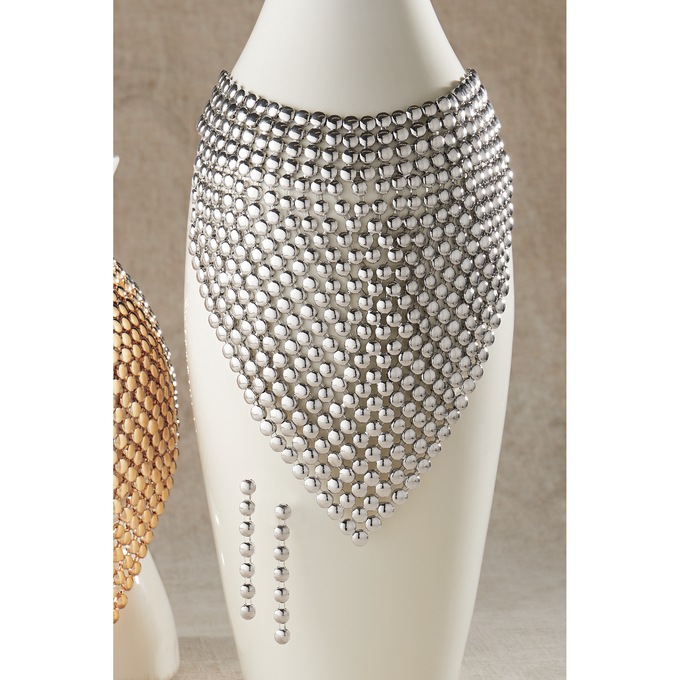 Dots Bib Necklace & Earring Set, Silvertone, large