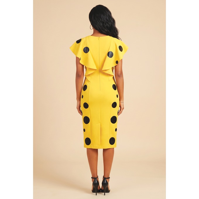 Faux-Leather Polka-Dot Trimmed Midi Sheath Dress with Shoulder Ruffle, , large