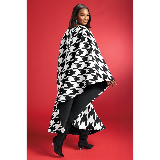 Bree Belted Fleece Cape Coat with Oversized Fit and Snap Belt, Black White Houndstooth, large