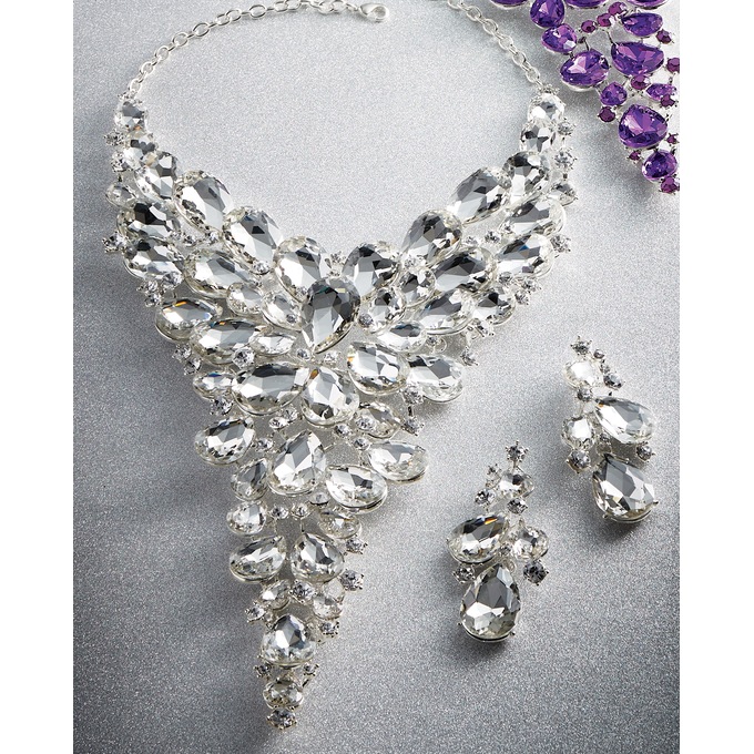 Crystal Bib Necklace and Earring Set, Clear, large