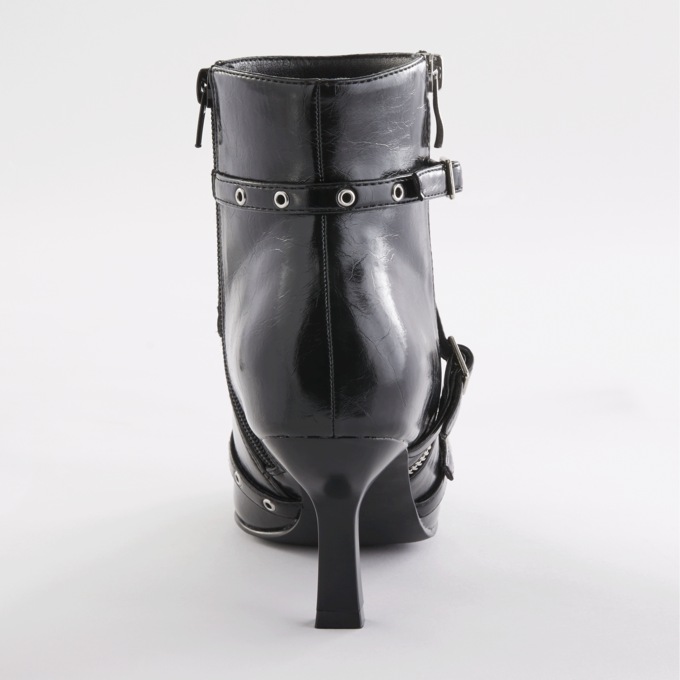 Stud & Buckle Faux Leather Bootie for Women with Grommet Straps and 2.75" Heel, , large
