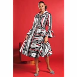 Thressa Bubble-Hem A-Line Dress with Double-Collar, Bows and Bold Stripes, , large