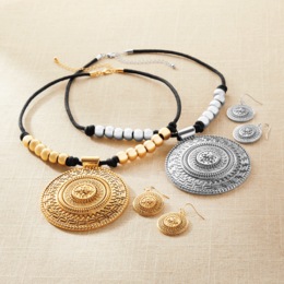 Ethnic Round Medallion Necklace &amp; Earrings Set, , large