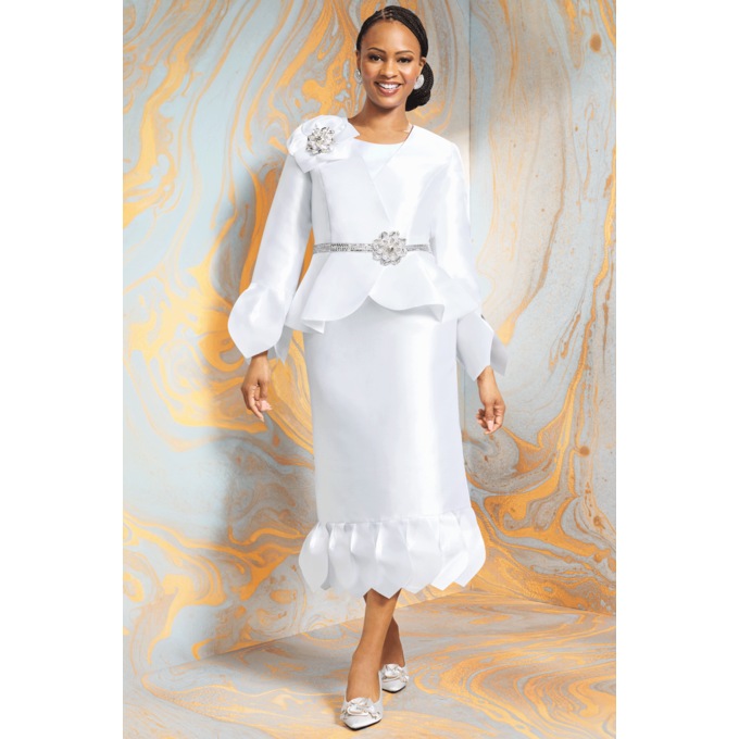 Petal-Trimmed Jacket Dress with Rosette Pin, Rhinestones and Faux Pearls, , large