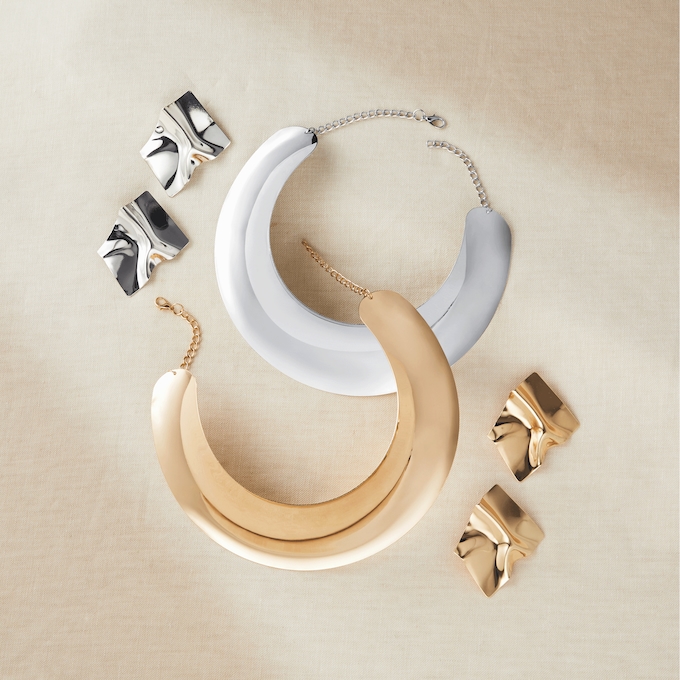 Metal Collar & Ripple Rectangle Earring Set, , large