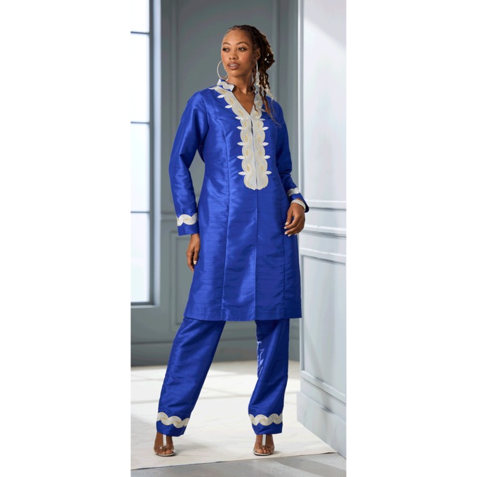 Asina Embroidered Pant Set, Cobalt Silver, large