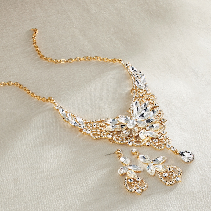 Crystal Marquise Bib Necklace & Earring Set, Goldtone, large