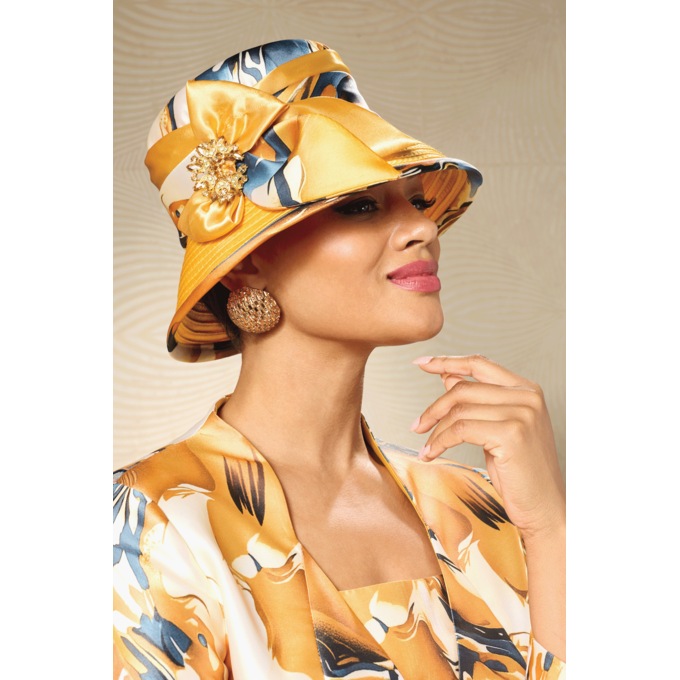 Zelle Hat with Printed Twill, Rhinestones, Bow and Brooch, Spice Multi, large