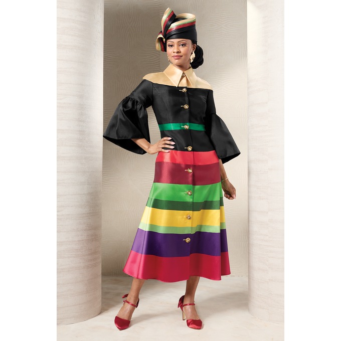 Multi-Striped Fit-and-Flare Dress and Hat, , large