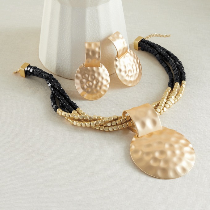 Hammered Round Nugget Necklace & Earring Set, Goldtone Black, large