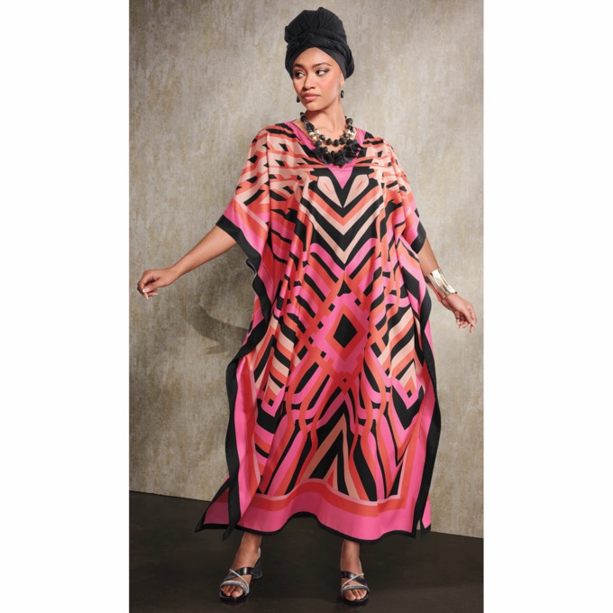Alethea Long Maxi Caftan with V-Neck in Bold Geometric Print, , large