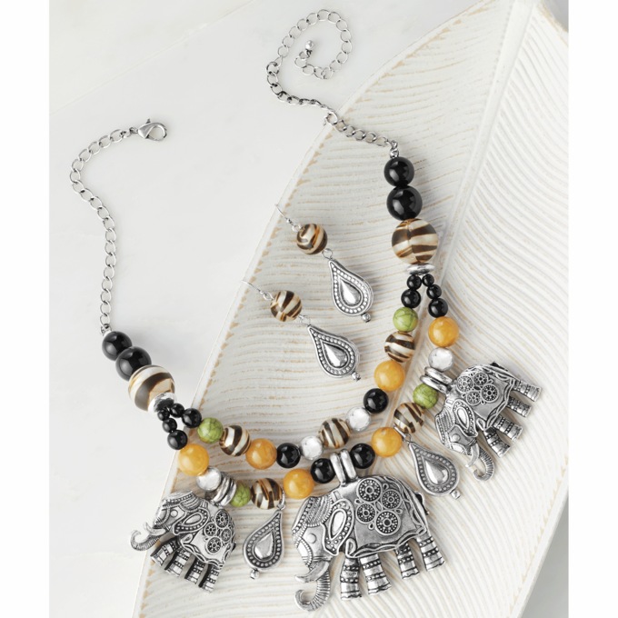 Elephant Silvertone Necklace & Earring Set, , large