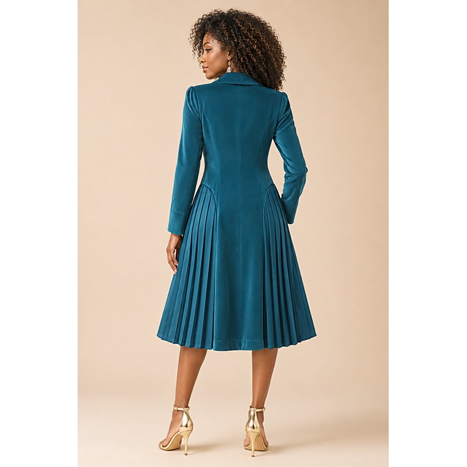 Claudine Women's Velvet Dress with Satin Pleats and Rhinestone Buttons, Crystal Teal, large