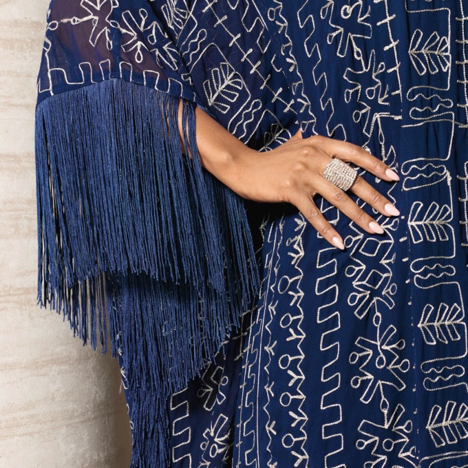 Alexandra Fringed, Cold-Shoulder Caftan for Women in Embroidered Mesh, Navy Metallic, large