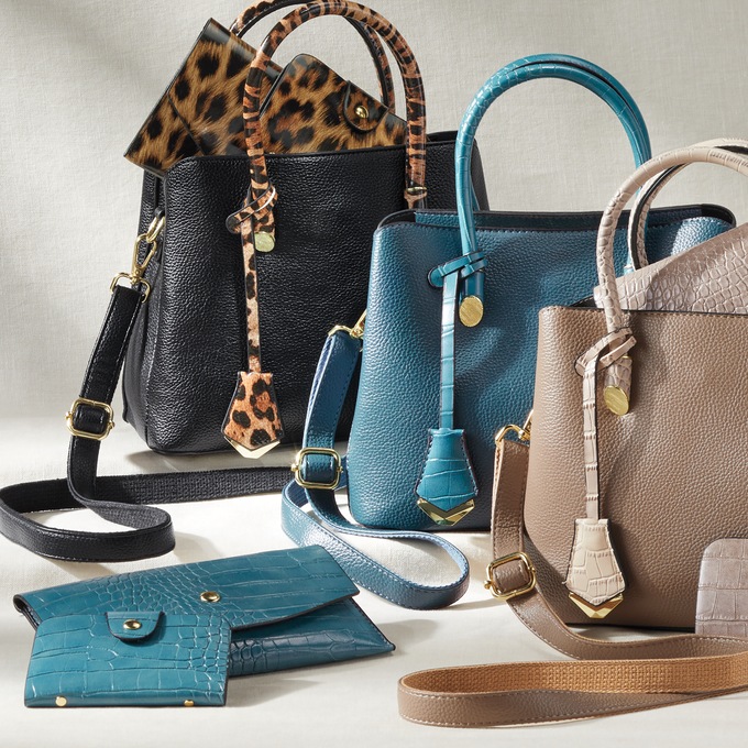 Faux Leather Satchel Set with Croco-Embossed Accessories, Blue, large