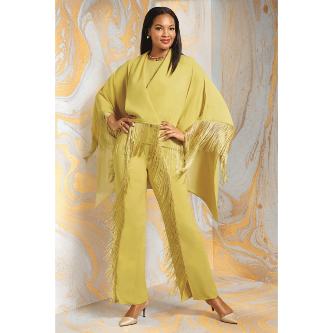 Freya Fringed Pant Outfit with High-Low Cape and Attached Tank, , large