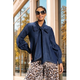 Bianca Denim Bow Tunic with Balloon Sleeves and High-Low Hem, , large