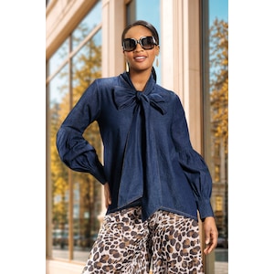 Bianca Denim Bow Tunic with Balloon Sleeves and High-Low Hem, , large