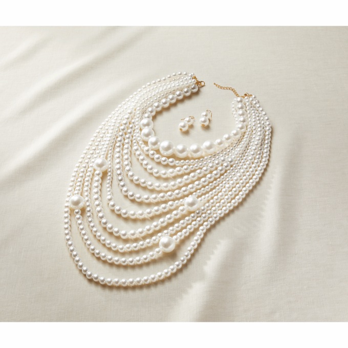 Faux-Pearl Multi-Strand Necklace & Earring Set, , large