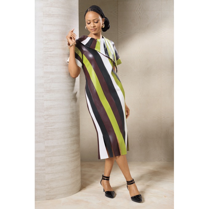 Donarae Pieced Faux-Leather Midi Column Dress for Women with Carwash Fringe Hem, , large