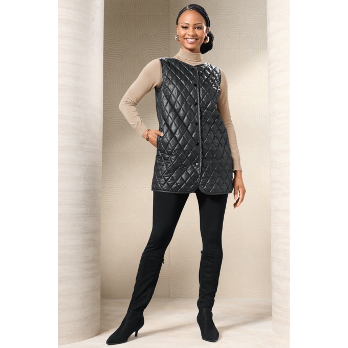 Gianna Faux-Leather Grommet Trench Coat with Quilted Vest, , large