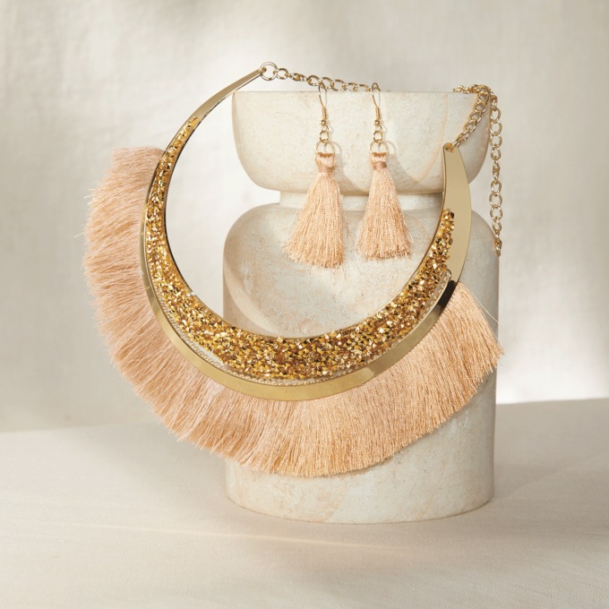 Chips/Fringe Collar Necklace & Earring Set, , large