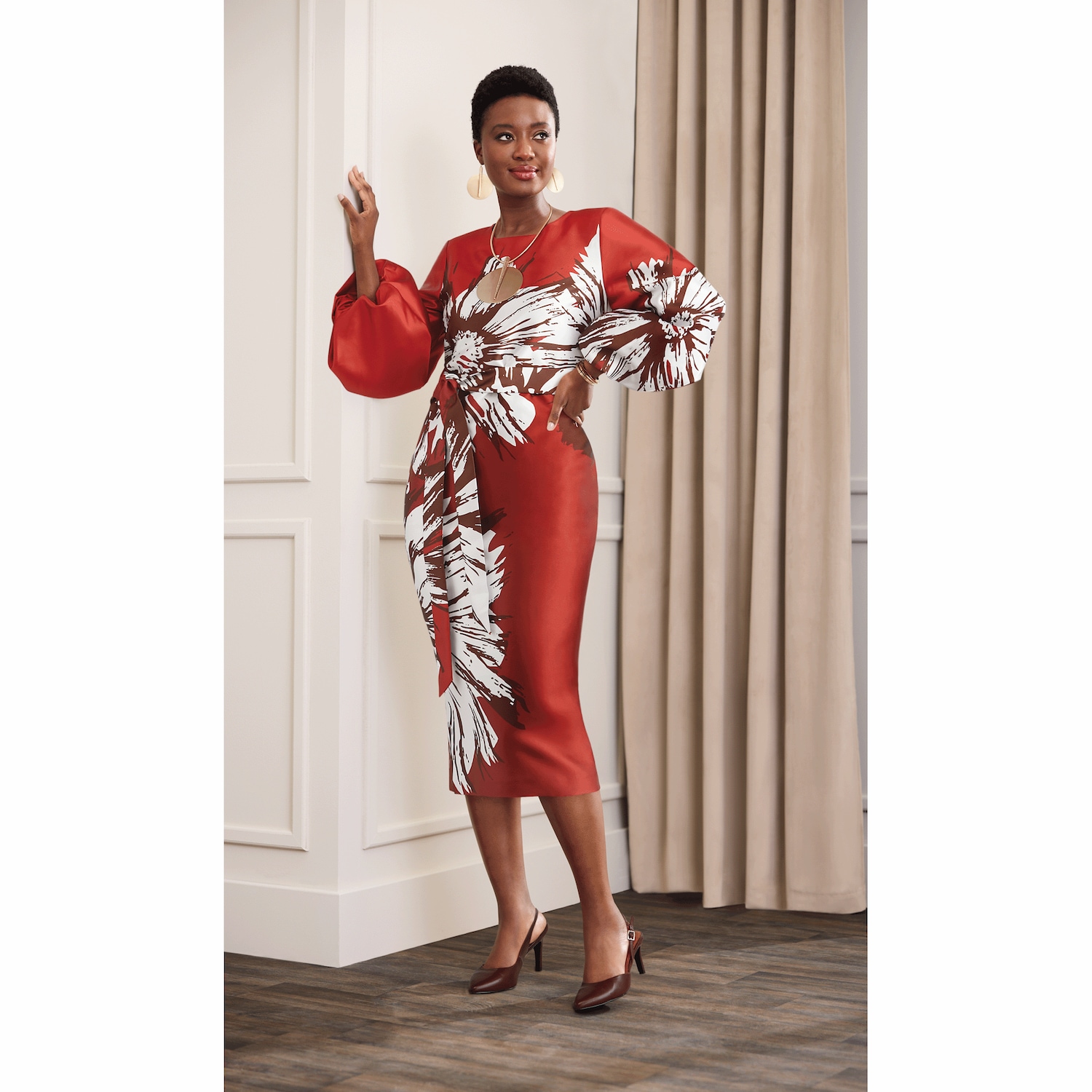 Abena Belted Sheath Dress with Balloon Sleeves and Removable Belt, Size 8, Red Multi, Misses