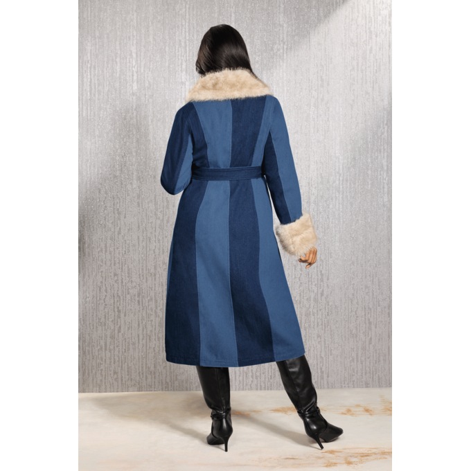 Livia Denim Trench with Removable Faux-Fur Collar and Cuffs, Blue, large