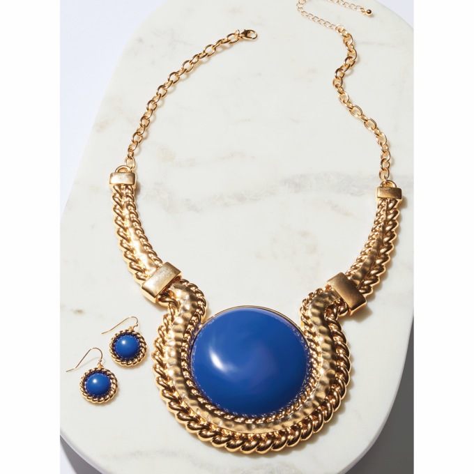 Round Stone Bib Necklace & Earring Set, , large