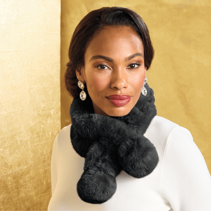Faux-Fur Pom Neck Scarf, Black, large
